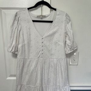 Embroidered tiered bell sleeve mini dress